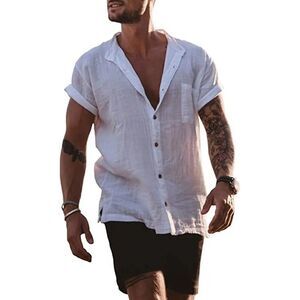 PHILLYS TREASURE MEN WHITE COTTON AND LINEN SHORT SLEEVE SHIRT